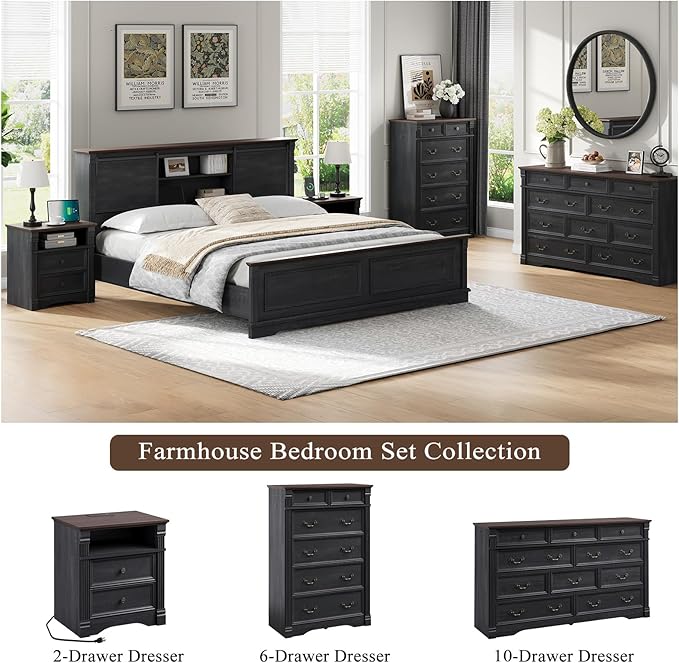 Yaamizz Farmhouse Dresser for Bedroom, 60" Wide 10 Drawer Dressers Storage with Wood Pilasters & Metal Handles, Vintage Design, Drawer Organizer for Bedroom, Hallway, Black