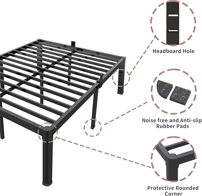 ROIL 20 Inch King Bed Frame with Rounded Corner and Headboard Hole Mattress Retainers 3500LBS Metal Heavy Duty Steel Slats No Box Spring Needed Platform Noise-Free Easy Assembly