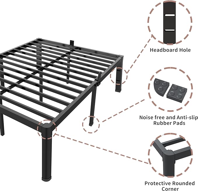 ROIL 18 Inch Queen Bed Frame with Rounded Corner and Headboard Hole Mattress Retainers 3500LBS Metal Heavy Duty Steel Slats No Box Spring Needed Platform Noise-Free Easy Assembly