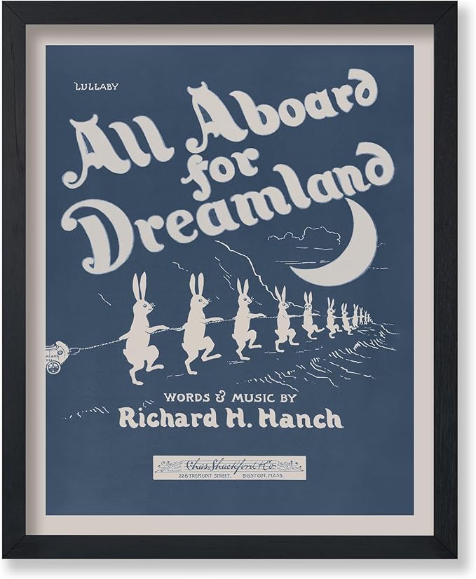 Poster Master All Aboard For Dreamland Poster - Retro Children's Lullaby Print - Story Book Art - Bunny Art - Rabbit Art - Aesthetic Art - Kid's Bedroom or Nursery Wall Decor - 8x10 UNFRAMED Wall Art