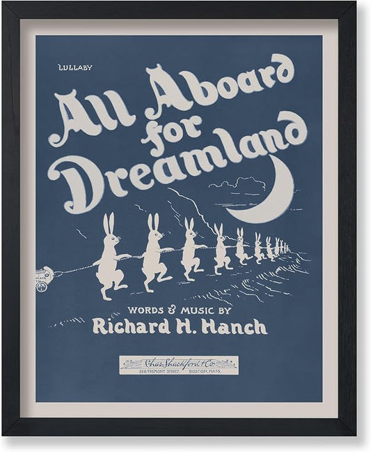 Poster Master All Aboard For Dreamland Poster - Retro Children's Lullaby Print - Story Book Art - Bunny Art - Rabbit Art - Aesthetic Art - Kid's Bedroom or Nursery Wall Decor - 8x10 UNFRAMED Wall Art