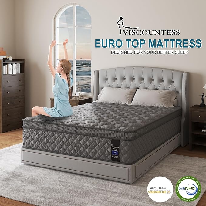 Queen Mattress, 10 Inch Euro Top Mattress Grey Hybrid Medium Firm for Back & Lumbar Support, 100 Night Trial, Individual Pocket Spring for Motion Isolation & Pressure Relief