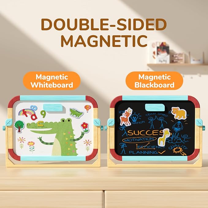 Joycat Wooden Double-Sided Magnetic Tabletop Easel For Kids, No Assembly Needed, 360° Smooth Adjustable Tilt & Anti-Slip Base,3-in-1 Kids Art Easel & station with 65 Accessories,Ideal Gift for Ages 3+