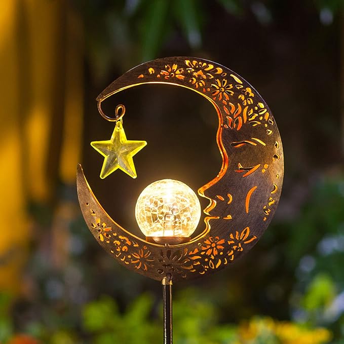Solar Lights Outdoor Decor Moon Lantern for Patio,Lawn or Pathway Moon Decorations Crackle Glass Globe Stake Metal Lights Waterproof Warm LED Garden Gifts (Bronze)