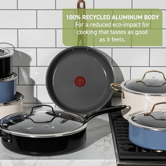 T-Fal Preserve Ceramic Nonstick Frying Pan 2-Pc Set, 8.5" & 11", Oven Broiler Safe up to 350°F Cookware, InoCeram Glide Technology, Frying Pan Skillet, Pots & Pans, Black