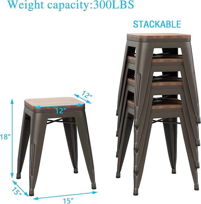 Andeworld 18 Inch Stools Set of 4,Industrial Metal Dining Chair with Wooden Seat,Short Kitchen Bar Stools Stackable for School,Classroom,Rusty