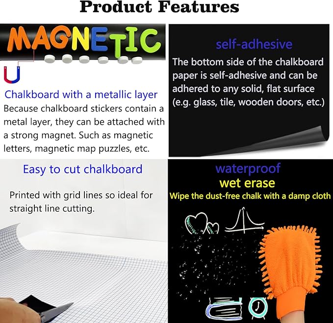 2 Pcs Magnetic Chalkboard Contact Paper for Wall 40"x18" Self Adhesive Magnetic Blackboard Sticker with 53 Magnet Letter for Kids, Black Chalk Board Wallpaper Roll Magnet Bulletin Board