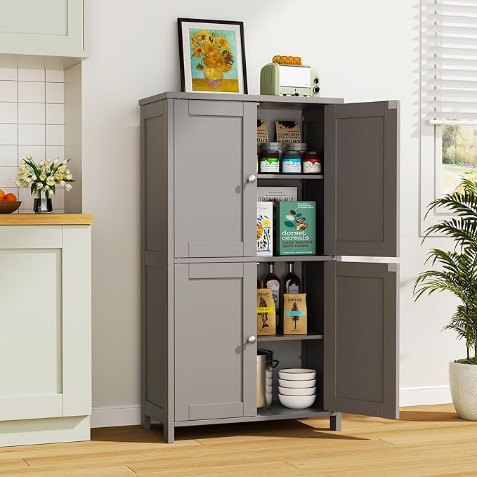 Vongrasig Bathroom Floor Storage Cabinet, Modern Storage Unit with 4 Doors and Adjustable Shelves, Freestanding Sideboard Cabinet for Bathroom, Kitchen, Living Room, Grey