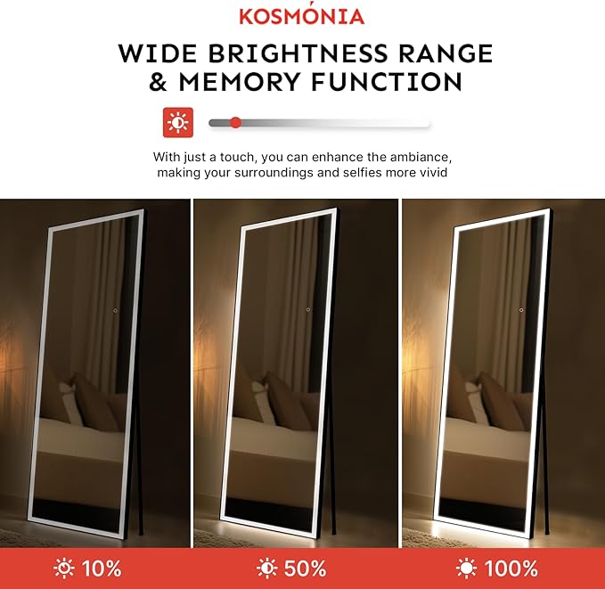 56"x18" Full Length Tempered Glass LED Mirror with Lights, 3 Color Modes & Dimmable Brightness, Wall Mount/Standing/Lean-On Floor Mirror for Bedroom, Vanity, Dressing Room