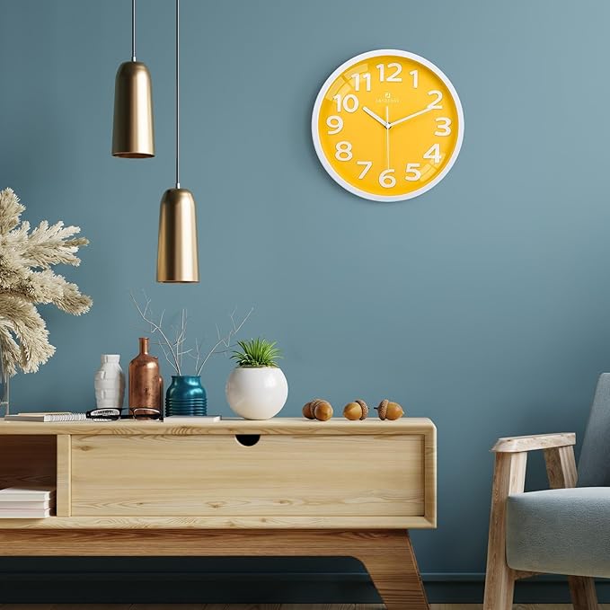 Lafocuse 12 Inch 3D Numbers Yellow Wall Clock for Living Room Decor, Modern Kitchen Wall Clock Battery Operated Silent Non-Ticking Bedroom Home Office