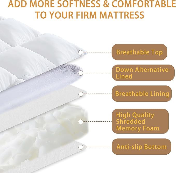 WhatsBedding 3 Inch Memory Foam Mattress Topper Full Size for Back Pain, 1700GSM Fluffy Shredded Memory Foam Filled Pillow Top, Extra Soft Bed Topper, Thicked Down Alternative-Lined, 54x75in