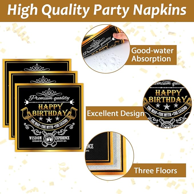 96 Pcs Aged to Perfection Birthday Party Plates Napkins Tableware Set Vintage Theme Birthday Supplies Disposable Dinnerware Black Gold Happy Birthday Party Decoration Favors for Men, 24 Guests