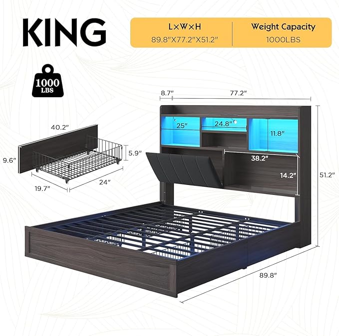 King Farmhouse Bed Frame with Bookcase Headboard and 4 Drawers, LED Storage Bed with Charging Station & Linen Upholstered, No Box Spring Needed,Black