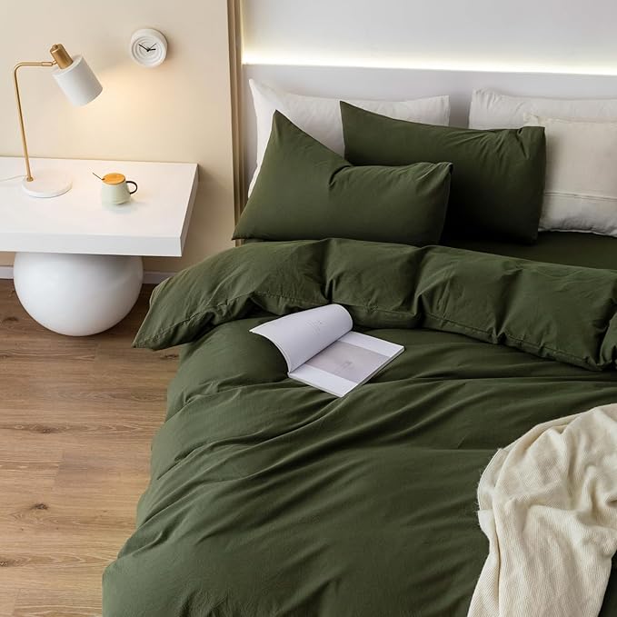 JIYUAN 100% Washed Cotton Duvet Cover Set 3 Pieces Super Queen, 1 Duvet Cover 90x98 Inches(Comforter Not Included) and 2 Pillowcases,Linen Feel Bedding Set Comfy and Breathable,Olive Green