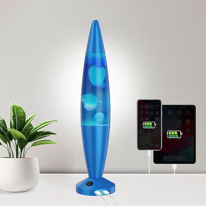 JAMBO Beautiful Liquid Lamp with USB Ports,16" Motion Light with Blue Liquid White Wax, Relaxing Nightlight, Mood Light for Bedroom, Living Room, Office - Adults, Teens, Kids