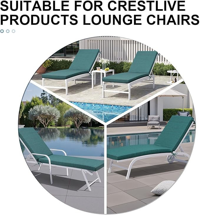 Crestlive Products Chaise Lounge Cushions Outdoor Set of 2, Lounge Chair Cushions for Patio Furniture, Waterproof Lounger Cushions for Pool, Deck, Lawn, 72''L x 21''W x 3''T, Malachite