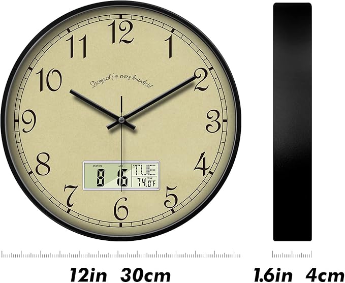 SCAOGE Retro Analog Wall Clock with Date Temperature Day Vintage Ivory Silent Battery Operated Digital Clocks with Week Large Display Clock Decorative for Living Room Kitchen Office Bathroom 12 Inch