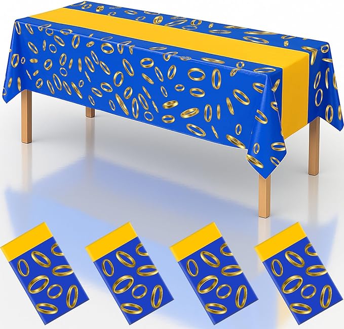 4Pcs 2in1 Gold Ring Birthday Party Decorations Tablecloth, 54" x 108" Table Cloth Disposable Rectangle Plastic Table Cover for Kids Baby Shower Party Supplies