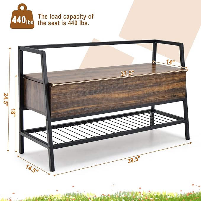 Giantex 3-in-1 Shoe Storage Bench, Rustic Brown, Metal Frame, 440 lbs Capacity, Anti-Toppling Devices, 3 Functional Areas