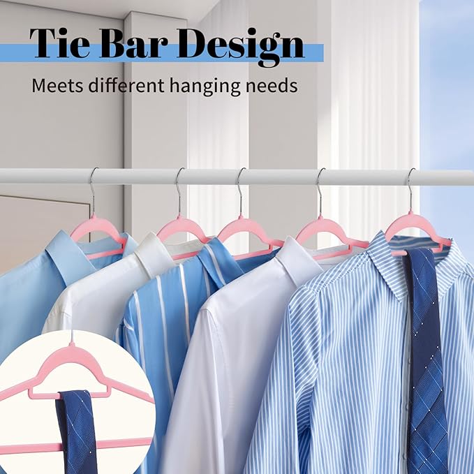 Smartor Pink Velvet Hangers 20 Pack, Space Saving Clothes Hanger with Tie Bar, Non-Slip Felt Hangers with Shoulder Notches, Heavy Duty Suit Hanger for Coat, Shirt, Pants, Dress