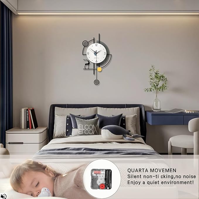 FLEBLE Large Wall Clocks for Living Room Decor Modern Pendulum Wall Clock Silent Quartz Battery Operated Non-Ticking for Bedroom Kitchen Office 24inch Black Metal Deer Clock Wall Decor for Home Indoor