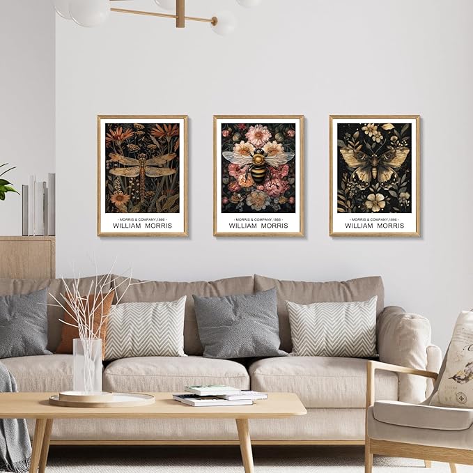 Cyebmo William Morris Wall Art, Vintage Floral Wall Decor, Dark Botanical Art Prints, Butterfly Bee Dragonfly Nature Artwork for Living Room Bedroom Bathroom Wood Framed Ready to Hang 12"x16"x3