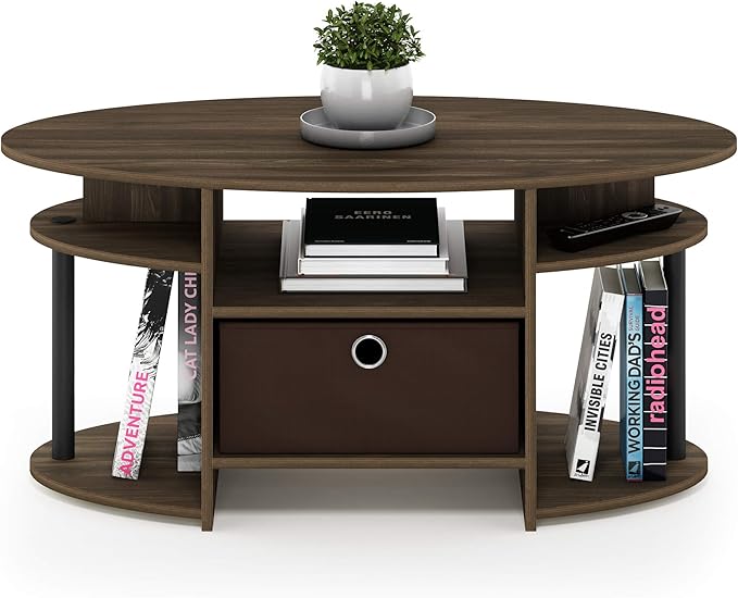 Furinno Jaya Simple Design Oval Coffee Table with Bin for Living Room, Columbia Walnut/Black/Dark Brown