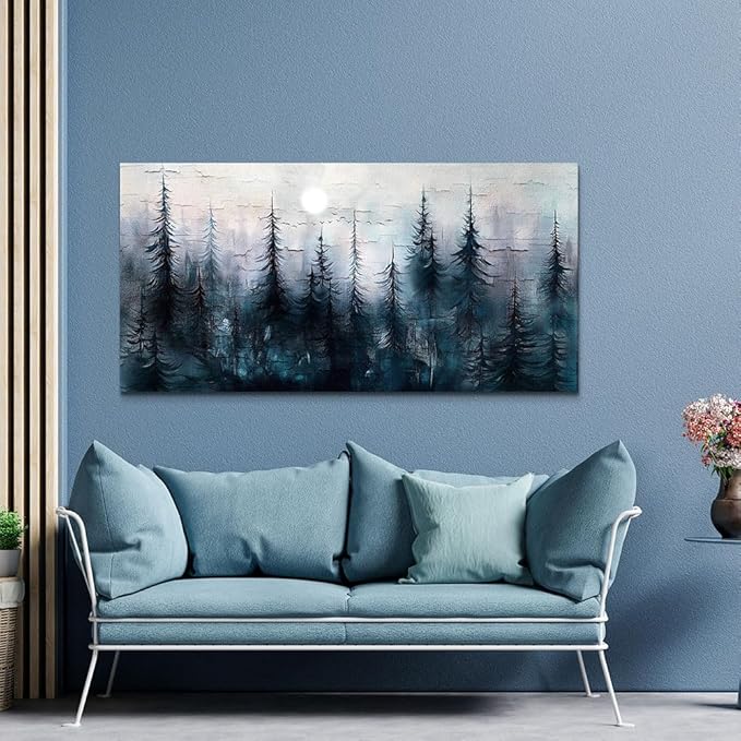 Large Wall Decor for Living Room Canvas Wall Art for Office Modern Wall Decorations for Bedroom Foggy Forest Landscape Paintings Black and White Pictures Artwork Room Home Decor 24"X48"