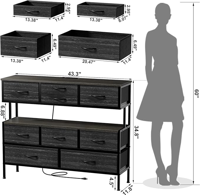 REAHOME Dresser TV Stand with Charging Station and LED Lights, 55” TV Stand Entertainment Center with 9 Drawers, Steel Frame, Large Storage Chest of Drawers for Bedroom, Living Room, Charcoal Black