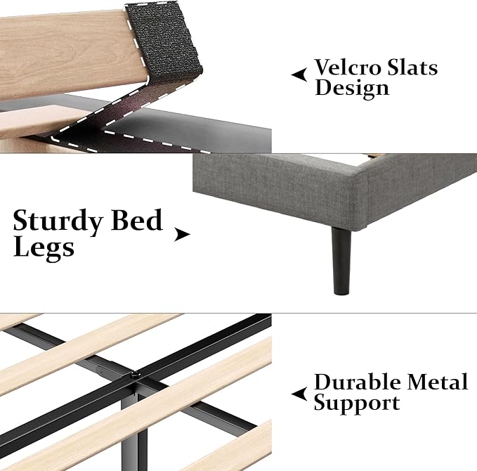 Full Size Bed Frame with Upholstered Wingback Headboard, Easy Assemnly Platform Bed, Wooden Slat Support No Box Spring Needed, Light Gray