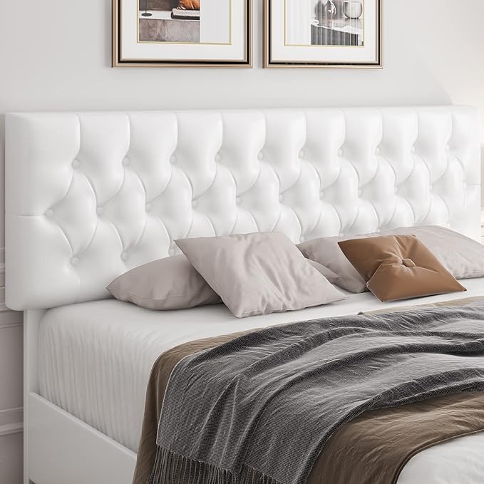 Keyluv Modern Upholstered Bed Frame with 4 Drawers, Button Tufted Headboard Design, Solid Wooden Slat Support, Easy Assembly, Full Size, White