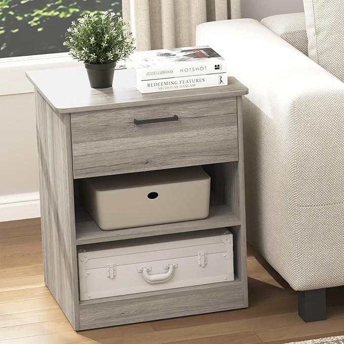 Night Stand with Charger Station, Modern Nightstand with USB Type-C Ports and AC Outlets, Large Bedside Table with Drawer and Open Storage, Wooden End Table for Bedroom (Grey, 1 Drawer)