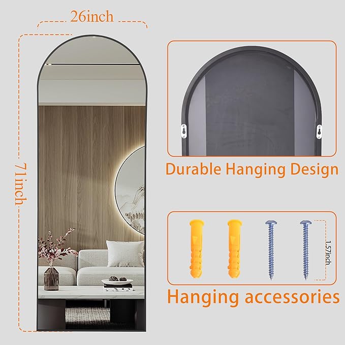 Arched Mirror Full Length,Nanoglass Standing Mirror Full Length,71"x26"espejos para dormitorio,Large Full Body Mirrors,Floor Length Mirrors(Black)