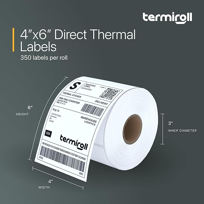 4x6 Direct Thermal Labels - Non-Perforated - 350 Labels/Roll - Compatible with Most Direct Thermal Printers Rollo, Zebra - Strong Adhesive, BPA-Free, Commercial Grade (4"x6", 350, Count)