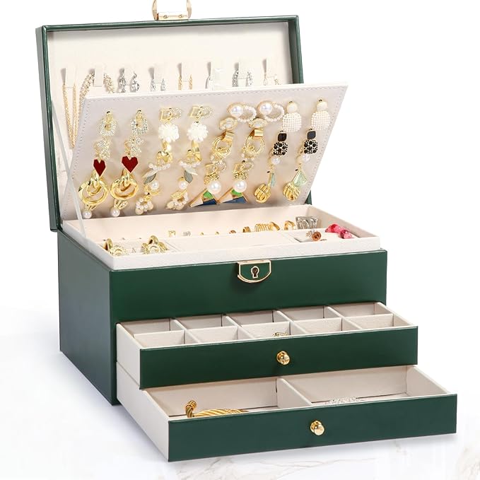 3-Layer Jewelry Box for Women, Jewelry Organizers and Storage with Removable Jewelry Tray, Vintage Quilted Top Lockable Jewelry Holder Gift Idea Dark Green