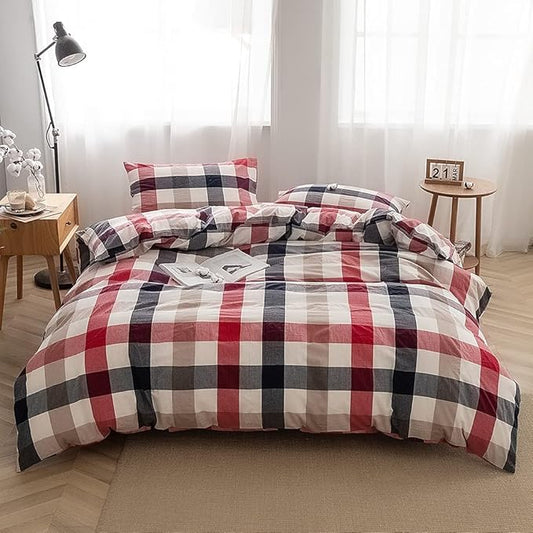 FACE TWO FACE Bedding Duvet Cover Set100% Washed Cotton Duvet Cover Linen Like Textured Breathable Durable Soft Comfy (Twin, Blue red Grid)