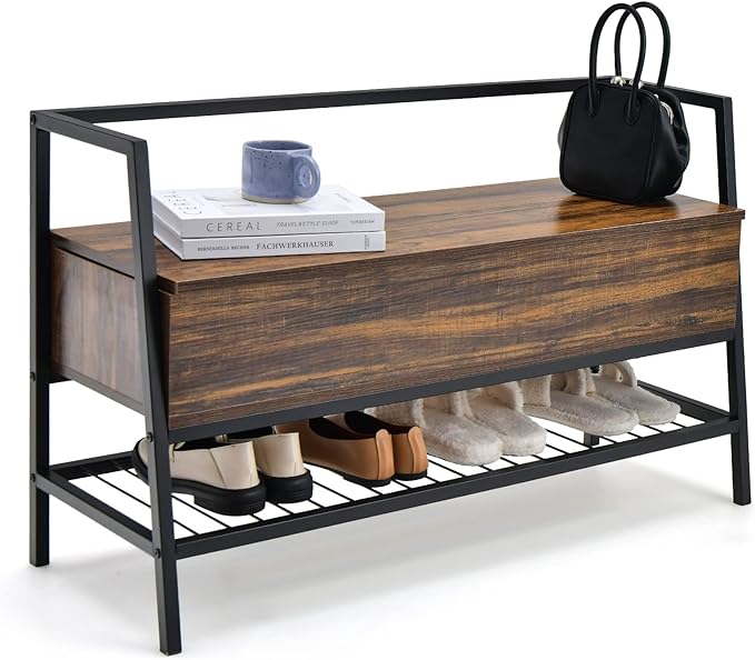 Giantex 3-in-1 Shoe Storage Bench, Rustic Brown, Metal Frame, 440 lbs Capacity, Anti-Toppling Devices, 3 Functional Areas
