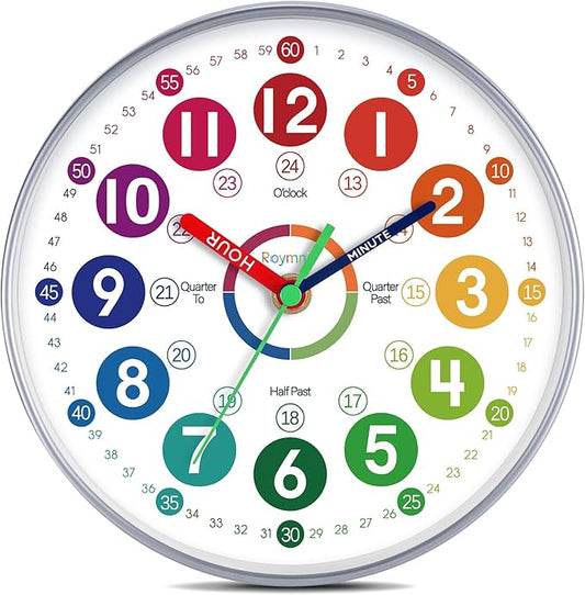 Learning Clock for Kids Learning to Tell Time Easily Colorful Teaching Time Clock Silent Non Ticking Battery Operated Decorative for Kids Room Classroom School Bedroom (8 Inch)
