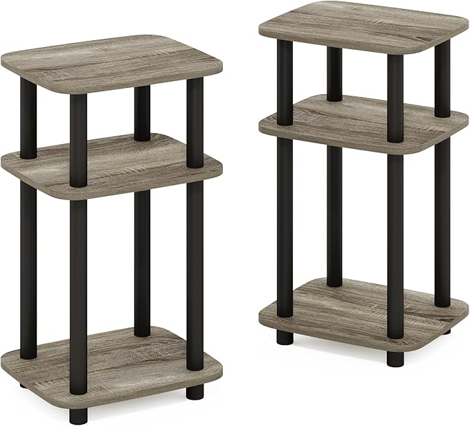 Furinno Just 3-Tier Turn-N-Tube Curve End Table, Side Table, 2-Pack, French Oak/Black