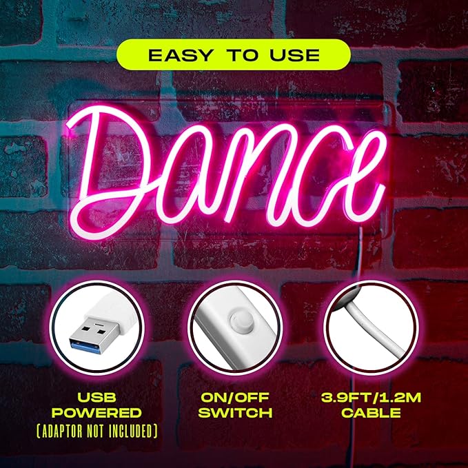 Pink Dance LED Sign | Neon Sign for Bedroom Wall Decor or Desk | USB Powered Light Up Acrylic Neon Sign for Bedroom, Kids Room, Bar, Party, Wedding | Size 4.9 x 11.5 inches