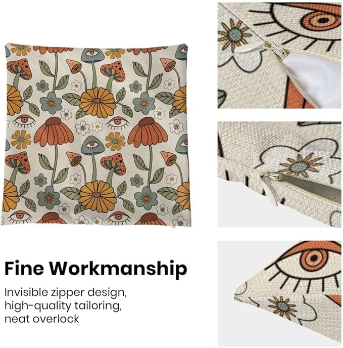 BETGINY Boho Throw Pillow Covers 18x18 Set of 2, Yellow Orange Fun Cute Mushrooms Retro Decorative Outdoor Pillow Covers 70s Vintage Floral Linen Farmhouse for Couch Sofa Summer Home Decor