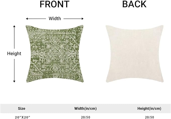 Boho Sage Green Throw Pillow Covers 20x20 Inch Set of 2, Carpet Pattern Decorative Throw Pillow Covers Bohemia Sage Green Linen Outdoor Cushion Cover for Sofa Couch Farmhouse Room Bed Decor
