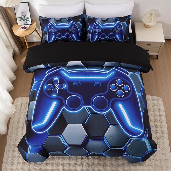 NTBED 3D Gaming Comforter Set for Boys Kids Teens,5pcs Gamer Bedding Sets with Sheet,Game Console Bed in a Bag(Blue, Queen)