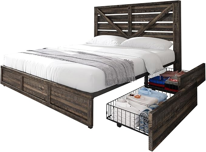 AMERLIFE King Size Farmhouse Bed Frame with 4 Drawers, Wooden Storage Bed Frame with Headboard and Heavy Duty Metal Slats, Noisy Free, Easy Assemble, Rustic Black
