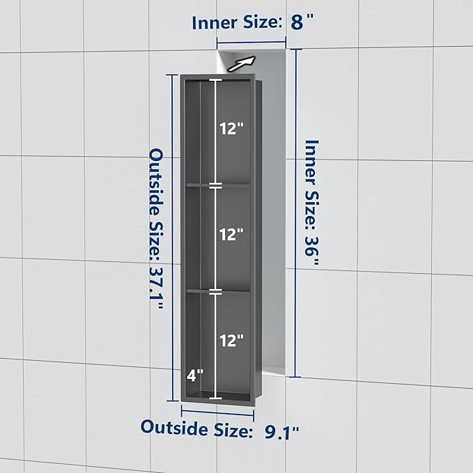 Stainless Steel Shower Niche 8" X 36", No Tile Needed Three-Tier Wall Niche, Recessed Shower Shelf for Bathroom Storage, Gun Metal