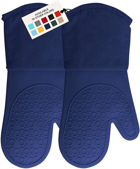 BPA-Free Soft Silicone Oven Mitts - Ultra Heat Resistant Oven Mitts with Thick Cotton Liner - Long Slip Resistant Pot Holders, Flexible Oven Gloves - Royal Blue 13.7"