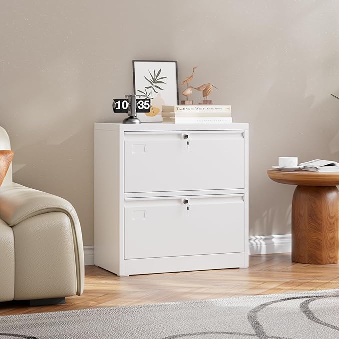 Metal 2 Drawer Lateral File Cabinet with 2 Lock - Wide Filing Cabinet for Letter/Legal/F4/A4 Hanging Files - Includes Business Card Holder,Home Office School Storage,White