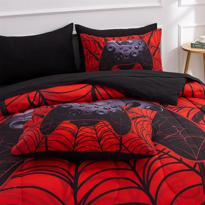 NTBED Game Console Comforter Set for Boys Girls Kids Spider Web Gaming Lightweight Microfiber Gamer Bedding Sets (Red, Twin 5Pcs)