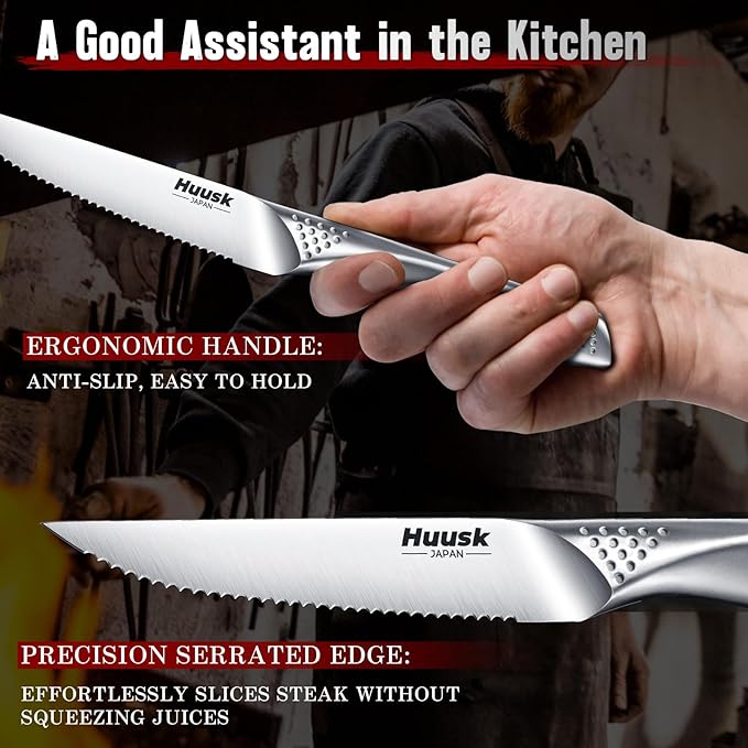 Huusk Serrated Steak Knives Set, 4.5" Japanese Stainless Steel Steak Knives Set of 12, Sharp Dishwasher Safe Dinner Knife for Kitchen Table, Gifts for Men