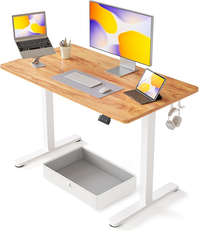 FEZIBO 40 x 24 Inches Standing Desk with Drawer, Adjustable Height Electric Stand up Desk with Storage, Sit Stand Home Office Desk, Ergonomic Computer Desk, Light Rustic